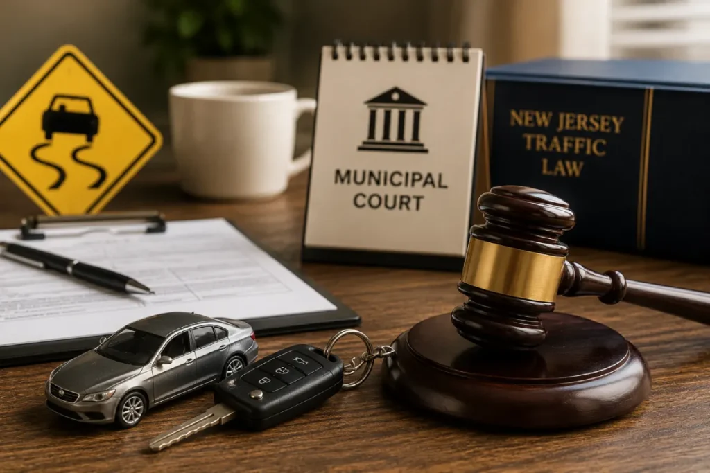 New Jersey DUI vs DWI: a gavel, car keys, a model car, and a municipal court sign.