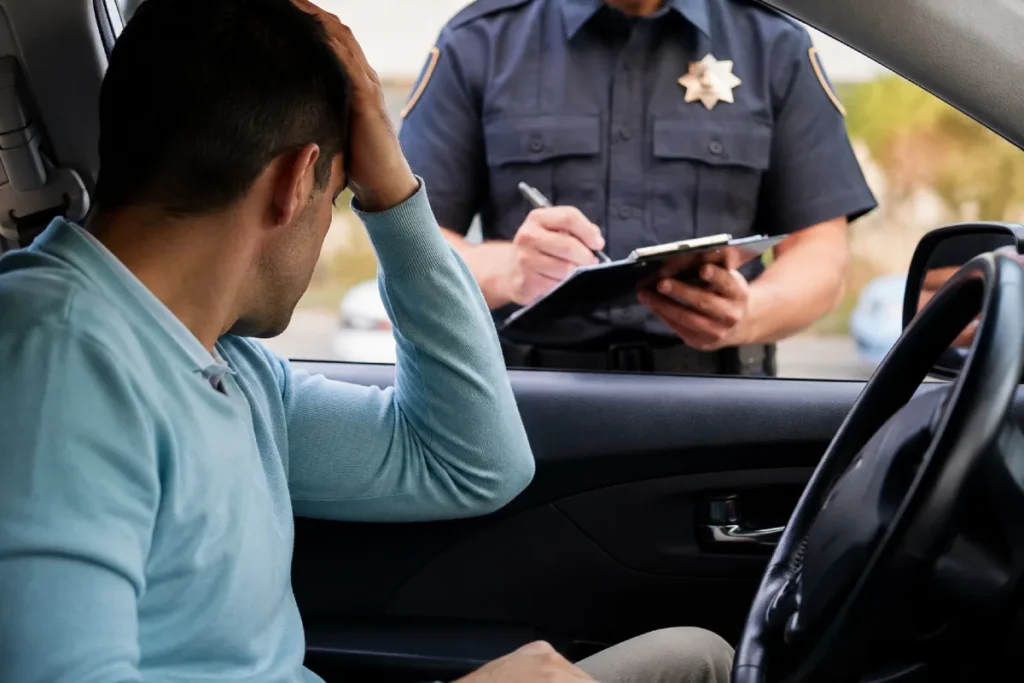 NJ suspended license traffic stop: a worried driver and a police officer writing a ticket.