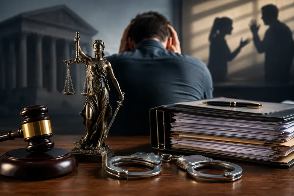 NJ false accusations: a distressed man, Lady Justice, handcuffs, and the shadow of an arguing couple.