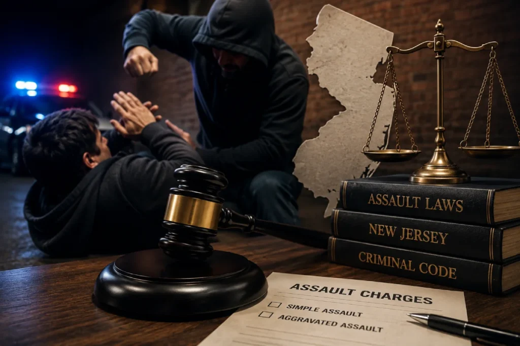 NJ assault charges: a gavel, law books, scales of justice, and an assault charges checklist.