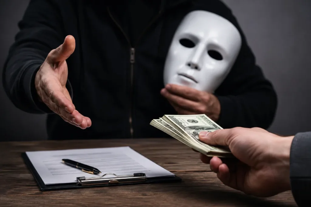 NJ theft by deception charges: a masked person taking cash over a legal document.